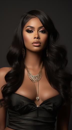 A Chi Modu waist-up photograph of fat black woman with long straightened hair with laid edges, upturned eyes, large nose, round face, plump lips, full cheeks, light-brown skin, long eyelashes, beautiful hoop earrings, and glam makeup in a Fashion Nova. She’s extruding baddie vibes. volumetric lighting, 40 megapixels, taken on a Canon 5D Mark IV, 50mm lens. --ar 9:16 --s 250 --style raw --v 5.2