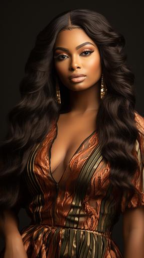 A Chi Modu waist-up photograph of fat black woman with long straightened hair with laid edges, upturned eyes, large nose, round face, plump lips, full cheeks, light-brown skin, long eyelashes, beautiful hoop earrings, and glam makeup in a Fashion Nova. She’s extruding baddie vibes. volumetric lighting, 40 megapixels, taken on a Canon 5D Mark IV, 50mm lens. --ar 9:16 --s 250 --style raw --v 5.2