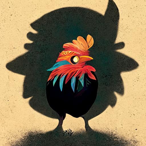 A Chicken cartoon character protecting her eggs with a knife under her wing, wearing a parrot hat, vector art, detailed, deep shadows