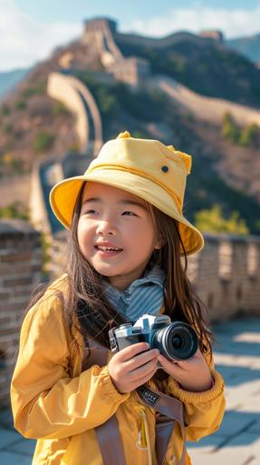 A Chinese elementary girl student with yellow school hat,hold a vedio camera to cam,wearing outdoor,looking adorable and happy,china Great Wall and Forbidden City background,cinematic lighting,bright & tone, technology feel,sketching style in color --v 6.0 --ar 9:16