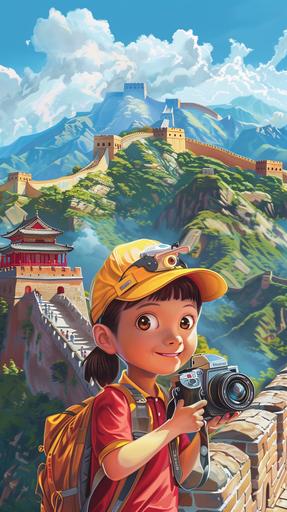 A Chinese elementary student with yellow school hat,hold a vedio camera,Great Wall and Forbidden City background,todd schorr cartoon style, david walker, ultra high detail, high quality,zoom out --ar 9:16 --style raw