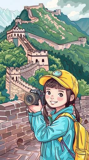 A Chinese elementary student with yellow school hat,hold a vedio camera,Great Wall and Forbidden City background,todd schorr cartoon style, david walker, ultra high detail, high quality,zoom out --ar 9:16 --style raw --v 6.0