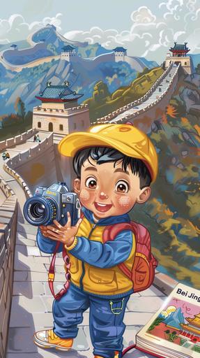 A Chinese elementary student with yellow school hat,hold a vedio camera,china Great Wall and Forbidden City background,todd schorr cartoon style, david walker, ultra high detail, high quality,zoom out,a book with text 