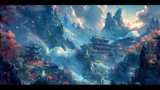 A Chinese style scene, with mountains, rivers, strange rocks, Chinese style buildings, clouds, full of fantasy colors, anime style, mainly dark blue --v 6.0 --ar 16:9