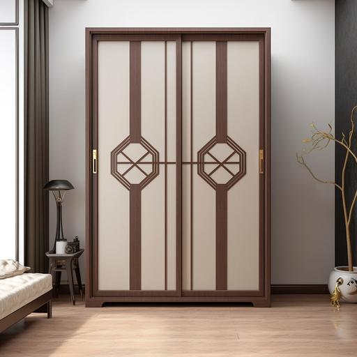 A Chinese style white sliding door wardrobe in Eastern minimalist style, white, deep chestnut, and bronze colors, environmentally friendly craftsmanship, Tang Dynasty, stacked/stacked, symmetrical design, surreal details, high-definition photography, natural light --ar 1:1 --style raw --v 5.2