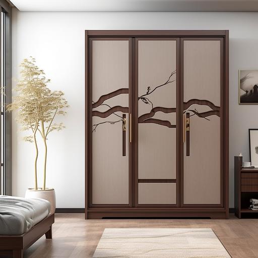 A Chinese style white sliding door wardrobe in Eastern minimalist style, white, deep chestnut, and bronze colors, environmentally friendly craftsmanship, Tang Dynasty, stacked/stacked, symmetrical design, surreal details, high-definition photography, natural light --ar 1:1 --style raw --v 5.2