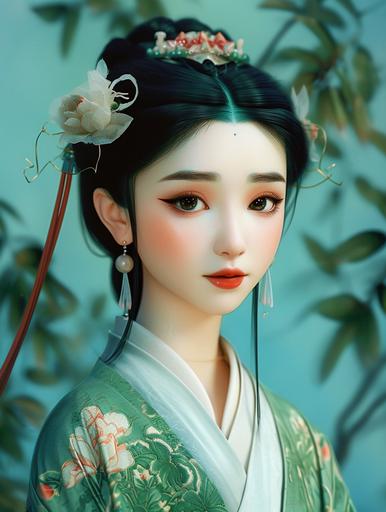 A Chinese woman, wearing Hanfu, has a slender waist, a white face, a bit green, a pointed chin, a narrow face, and wide eyebrows. A pair of watery eyes, surreal, surreal, surreal and surreal, photorealistic, disney, cartoon, sketch portrait, --v 6.0 --ar 3:4