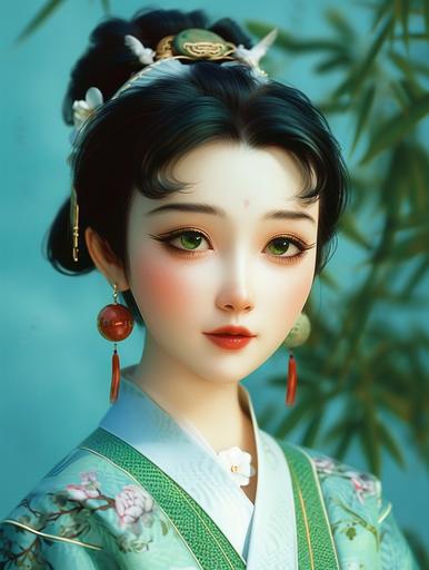 A Chinese woman, wearing Hanfu, has a slender waist, a white face, a bit green, a pointed chin, a narrow face, and wide eyebrows. A pair of watery eyes, surreal, surreal, surreal and surreal, photorealistic, disney, cartoon, sketch portrait, --v 6.0 --ar 3:4