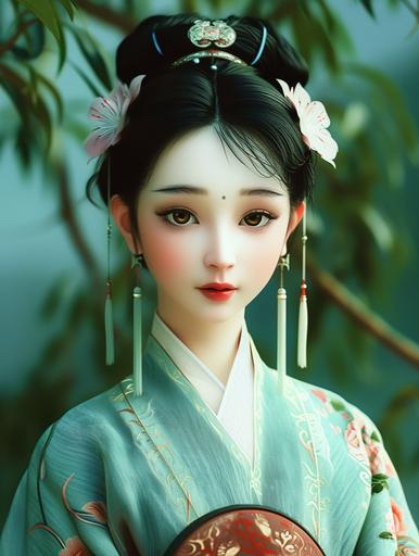 A Chinese woman, wearing Hanfu, has a slender waist, a white face, a bit green, a pointed chin, a narrow face, and wide eyebrows. A pair of watery eyes, surreal, surreal, surreal and surreal, photorealistic, disney, cartoon, sketch portrait, --v 6.0 --ar 3:4