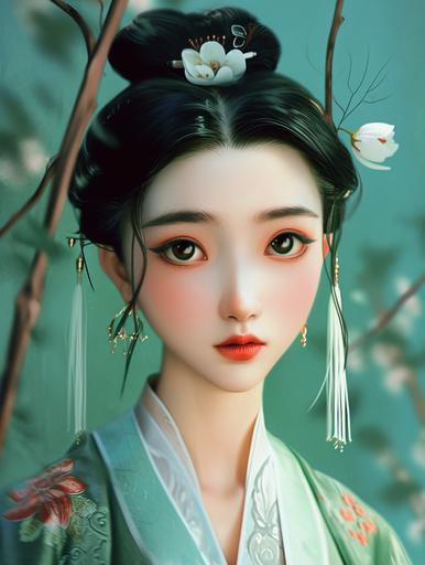 A Chinese woman, wearing Hanfu, has a slender waist, a white face, a bit green, a pointed chin, a narrow face, and wide eyebrows. A pair of watery eyes, surreal, surreal, surreal and surreal, photorealistic, disney, cartoon, sketch portrait, --v 6.0 --ar 3:4