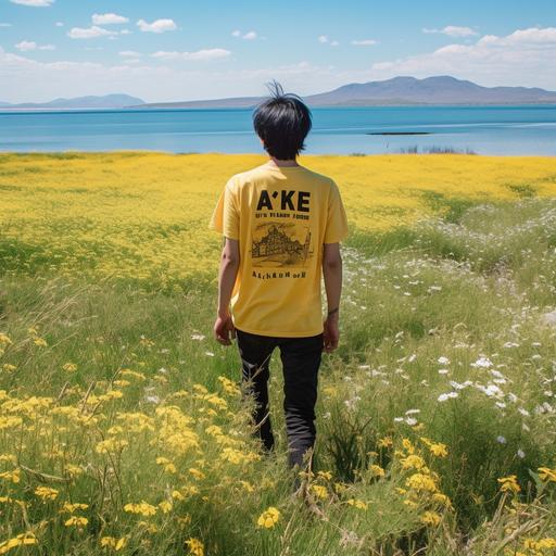 A Chinese youth is standing in Sayram Lake, with the words AKE printed on his clothes, surrounded by green grass and yellow flowers, the perspective of the photo is 200 meters away from the person, and the lake is sparkling.