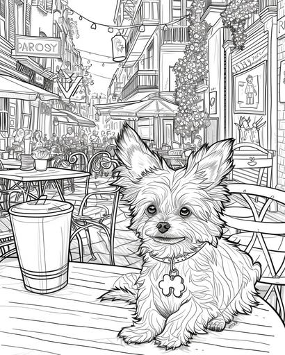 A Chorkie in a bustling city cafe scene, coloring page for adults, thick lines, black and white, greyscale --ar 4:5 --v 6.0