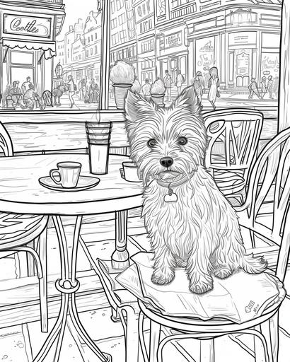 A Chorkie in a bustling city cafe scene, coloring page for adults, thick lines, black and white, greyscale --ar 4:5 --v 6.0
