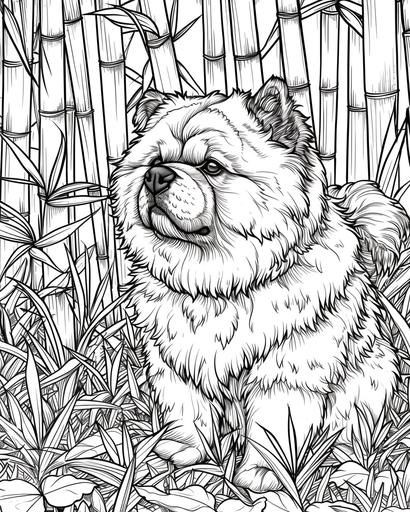 A Chow Chow in a Chinese bamboo forest, coloring page for adults, thick lines, black and white, greyscale --ar 4:5 --v 6.0