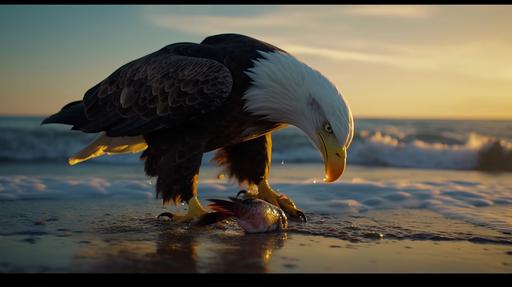 A Cinematic scene, [Ocean clear sunny skys/A bald Eagle/Catching a fish to eat] --ar 16:9 --v 5.1 --s 750 --style raw