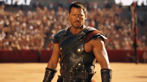 A Cinematic scene from 2000, inspired by Ridley Scott's Gladiator, Close-Up. Maximus stands in the Colosseum, sword raised, crowd chanting --ar 16:9 --style raw