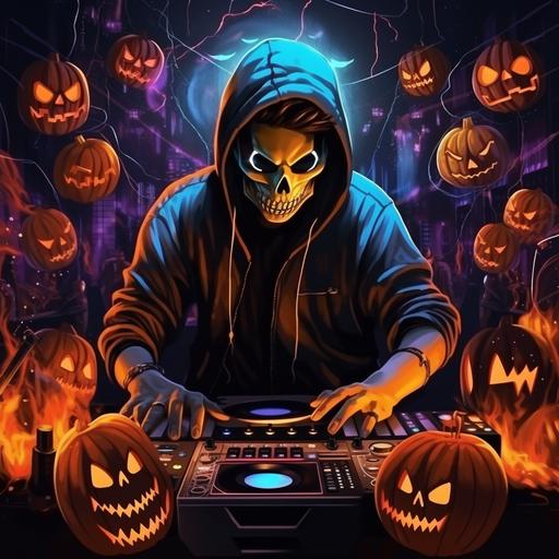 A DJ playing at a party, he has a pumpkin head mask. Club lights in the back. 4K. Full color, digital painting, flat colors.