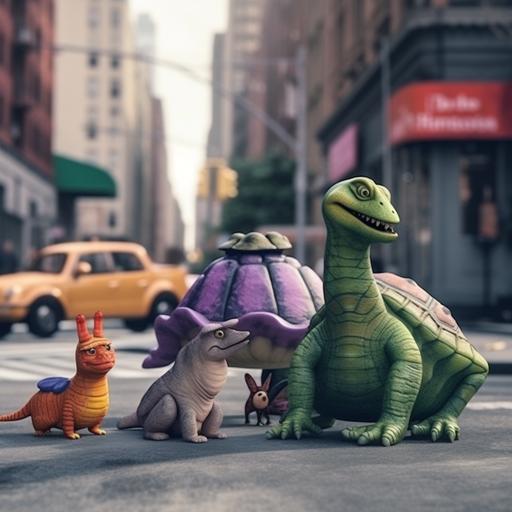 A Dinosaur having fun with hisn friends: a funny turtle, a crazy cat and Alice in Wonderland in New York street, ultra HD, photoshoot --v 5