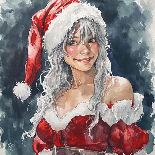 A Fantasy Elf wearing a mix of French Maid Outfit and Santa Clothes, she is smiling. Long Silver Hair, Watercolour art --v 6.0
