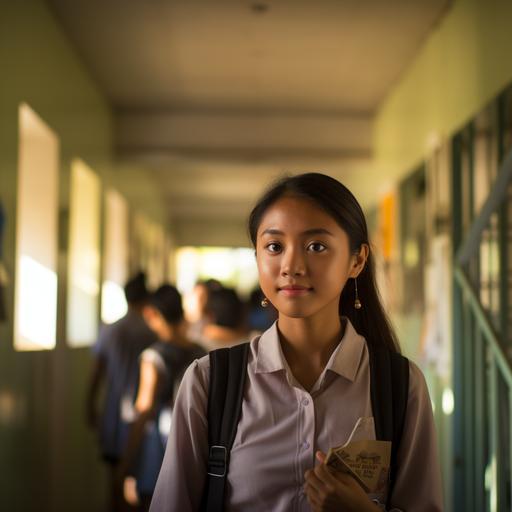 A Filipino girl high school student facing in the camera as she walks in her school's hallway