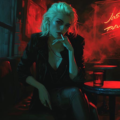 A French Jewish woman in a cyberpunk setting. Sitting in a shadowy and smokey bar smoking a cigarette. Noir detective. Cybernetic eye. Blonde hair. Five feet eight inches tall. Weighs one hundred and twenty three pound. --v 6.0
