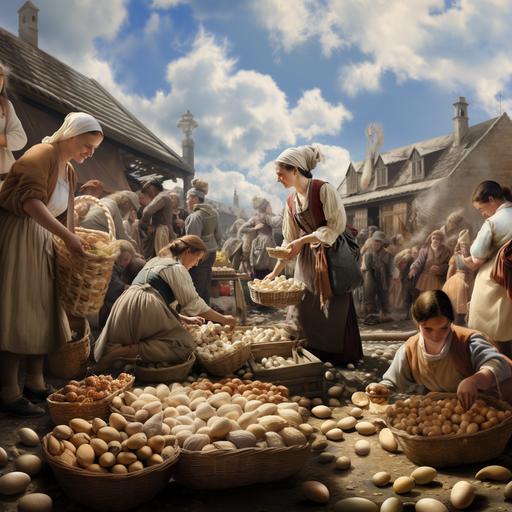 A French Woman selling Eggs in a busy French Market Showing her ankles. Photorealistic Image. Bright sunny day. ar- 9:16