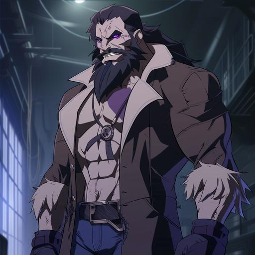 A Full body Young Justice Style of a Man who looks like Vandal Savage from Young Justice, mixed with BISON from Street Fighter mixed with Mr. Sinister. Has a Evil Grin. Purple Eyes, Pale-Skin, (White Vanilla complection) with a Gritty Bear Scar- like-burn from a Fire the scarring is in the form of Four claw marks across his face from his eye to cheek and from cheek to lips & his chin, has a Flattop connected to his a Long Rugged rough all black with silver streak down the middle santa-like-beard reaching down his abdomen and short Silver-Grey hair slickbacked, Has a Husky-Heavy Bulk Physique with large bulky arms, Height: 11’2 Weight: 706 (408kg) wearing a dark lab coat with a cosmic interdimensional stethoscope around his neck. --v 6.0