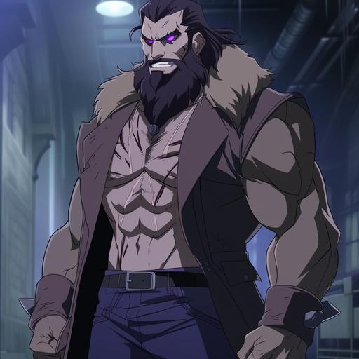 A Full body Young Justice Style of a Man who looks like Vandal Savage from Young Justice, mixed with BISON from Street Fighter mixed with Mr. Sinister. Has a Evil Grin. Purple Eyes, Pale-Skin, (White Vanilla complection) with a Gritty Bear Scar- like-burn from a Fire the scarring is in the form of Four claw marks across his face from his eye to cheek and from cheek to lips & his chin, has a Flattop connected to his a Long Rugged rough all black with silver streak down the middle santa-like-beard reaching down his abdomen and short Silver-Grey hair slickbacked, Has a Husky-Heavy Bulk Physique with large bulky arms, Height: 11’2 Weight: 706 (408kg) wearing a dark lab coat with a cosmic interdimensional stethoscope around his neck. --v 6.0