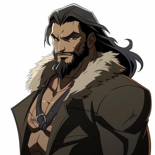 A Full body Young Justice Style of a Man who looks like Vandal Savage from Young Justice, mixed with BISON from Street Fighter. Has a Evil Grin. Pale-Skin, (White Vanilla complection) with a Gritty Bear Scar- like-burn from a Fire the scarring is in the form of Four claw marks across his face from his eye to cheek and from cheek to lips & his chin, has a Long Rugged rough all black with silver streak down the middle santa-like-beard touching the top of his abdomen and short Silver-Grey hair slickbacked, Has a Husky-Heavy Bulk Physique with large bulky arms, Height: 11’2 Weight: 706 (408kg) wearing a dark lab coat with a cosmic interdimensional stethoscope around his neck. --v 6.0