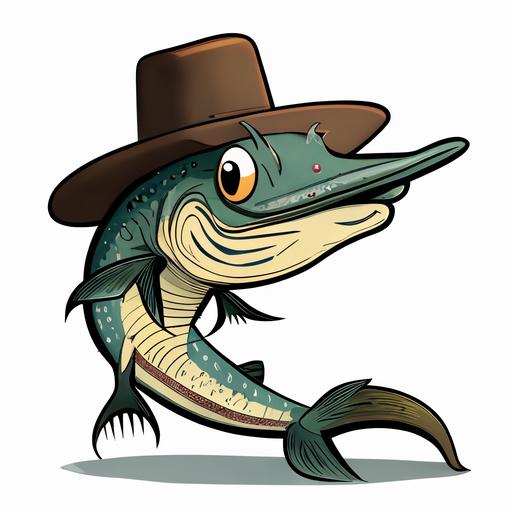 A Gar fish with a cowboy hat cartoon style --uplight --v 4