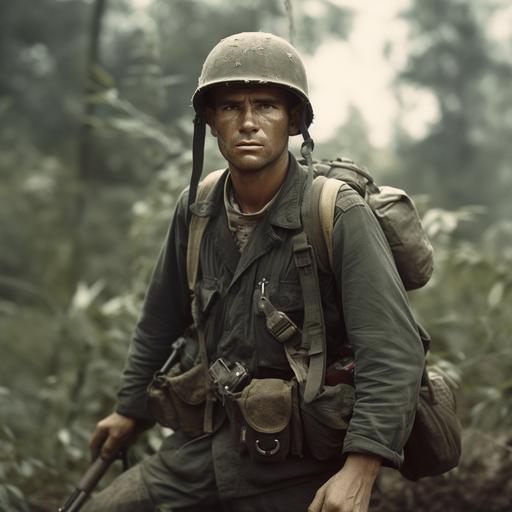 A German soldier fighting for the TNO regime in the Vietnam War, dressed in a uniform adapted for jungle combat. His uniform is dark green and bears the TNO symbol on the arm. He wears a matching M35 steel helmet and black leather boots. Hans also wears a bulletproof vest over his uniform, which is also adorned with TNO insignia. In his hand, he carries an STG-44 assault rifle and a bayonet for close combat. --v 5 --q 2