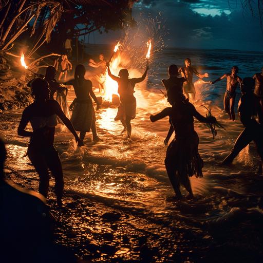 A Honduran Garifuna ethnic group dances and enjoys a traditional festivity on the seashore. It is night and you can see the light of a campfire and torch lights that give a feeling of quality to the scene, cinematic night light recorded with a Red Komodo camera and anamorphic lens --v 6.0