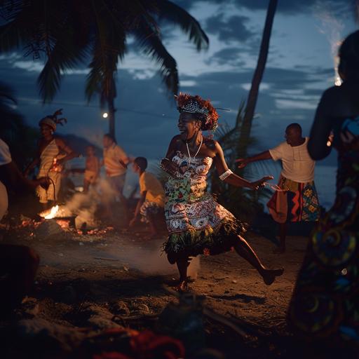 A Honduran Garifuna ethnic group dances and enjoys a traditional festivity on the seashore. It is night and you can see the light of a campfire and torch lights that give a feeling of quality to the scene, cinematic night light recorded with a Red Komodo camera and anamorphic lens --v 6.0