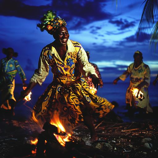 A Honduran Garifuna ethnic group dances and enjoys a traditional festivity on the seashore. A european man its enjoying the party. with them It is night and you can see the light of a campfire and torch lights that give a feeling of quality to the scene, cinematic night light recorded with a Red Komodo camera and anamorphic lens --v 6.0