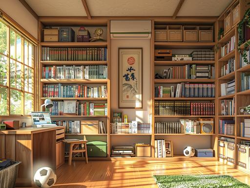 A Japanese boy's study. A member of the school's wrestling team. Clean, simple, zen-like modern study. There are bookshelves, desks, soccer balls in the study, On the wall there is a large horizontal picture frame. --ar 4:3 --s 250