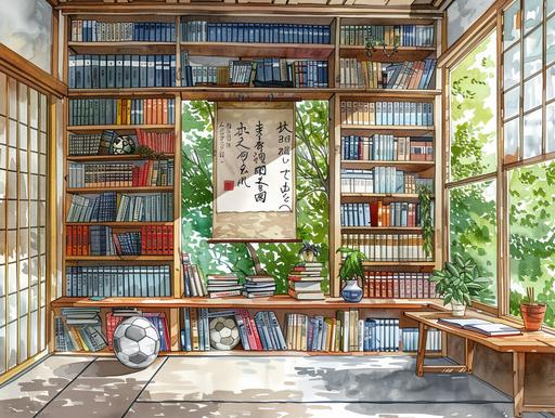 A Japanese boy's study. A member of the school's wrestling team. Clean, simple, zen-like modern study. There are bookshelves, desks, soccer balls in the study, On the wall there is a large horizontal picture frame. --ar 4:3 --s 250
