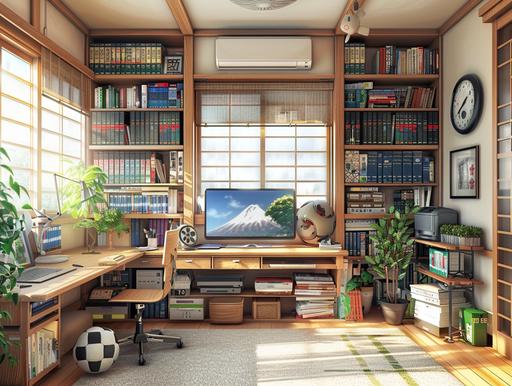 A Japanese boy's study. Clean, simple, zen-like modern study. There are bookshelves, desks, soccer balls in the study, On the wall there is a large horizontal picture frame. --ar 4:3 --s 250