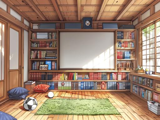 A Japanese boy's study. Clean, simple, zen-like modern study. There are bookshelves, desks, soccer balls in the study, On the wall there is a large horizontal picture frame. --ar 4:3 --s 250