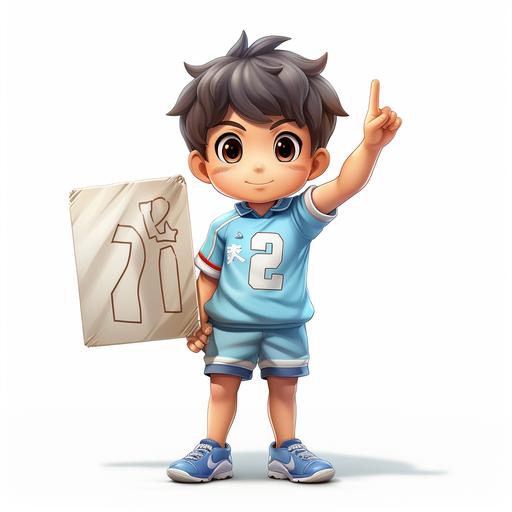 A Japanese child, 12 years old. Wear a light blue soccer jersey with white shorts. Stand. Hands held aloft a large signboard. White background. cute, 3d, --s 250