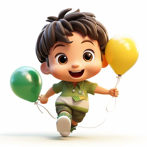 A Japanese kid wearing a yellow soccer jersey and white shorts. Grabbing a large balloon in his hand, he flew through the air. Below is a green football field. White background. cute, 3d, --s 250