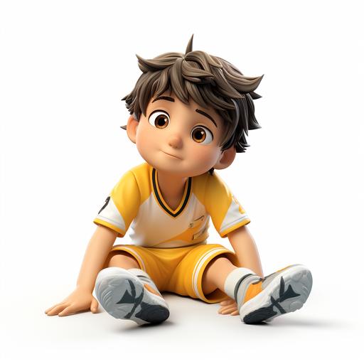 A Japanese kid wearing a yellow soccer jersey and white shorts. Make a bridge gesture, lie on the ground with your back arched, and support your hands and feet on the ground. White background. cute, 3d, --s 250