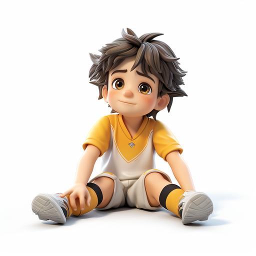 A Japanese kid wearing a yellow soccer jersey and white shorts. Make a bridge gesture, lie on the ground with your back arched, and support your hands and feet on the ground. White background. cute, 3d, --s 250