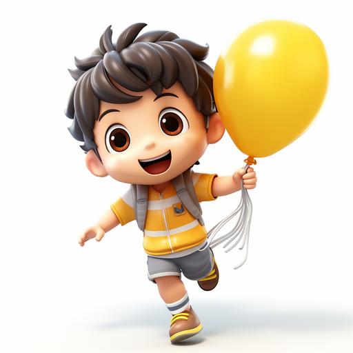 A Japanese kid wearing a yellow soccer jersey and white shorts. Holding a super large balloon in his hand, he was pulled by the balloon and floated into the air. Fly up. In the air. White background. cute, 3d, --s 250