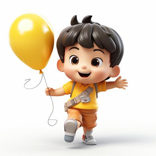 A Japanese kid wearing a yellow soccer jersey and white shorts. Holding a super large balloon in his hand, he was pulled by the balloon and floated into the air. Fly up. In the air. White background. cute, 3d, --s 250