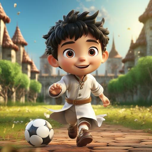 A Japanese soccer boy with short black hair, wearing an antique Chinese samurai costume, shorts, and long white socks. Play soccer with kung fu moves. On a green and bright football field. Cute, 3D --s 250