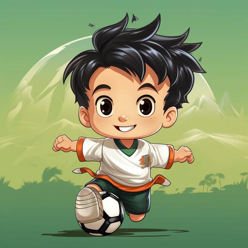 A Japanese soccer boy with short black hair, wearing an antique Chinese samurai costume, shorts, and long white socks. Play soccer with kung fu moves. On a green and bright football field. Cute, cartoon disney style --s 250