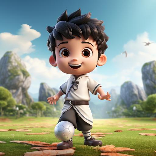 A Japanese soccer boy with short black hair, wearing an antique Chinese samurai costume, shorts, and long white socks. Play soccer with kung fu moves. On a green and bright football field. Cute, 3D --s 250