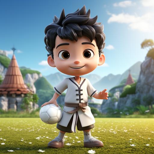 A Japanese soccer boy with short black hair, wearing an antique Chinese samurai costume, shorts, and long white socks. Play soccer with kung fu moves. On a green and bright football field. Cute, 3D --s 250