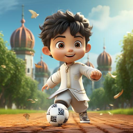 A Japanese soccer boy with short black hair, wearing an antique Chinese samurai costume, shorts, and long white socks. Play soccer with kung fu moves. On a green and bright football field. Cute, 3D --s 250