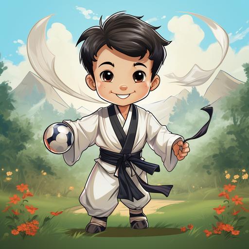 A Japanese soccer boy with short black hair, wearing an antique Chinese samurai costume, shorts, and long white socks. Play soccer with kung fu moves. On a green and bright football field. Cute, cartoon disney style --s 250